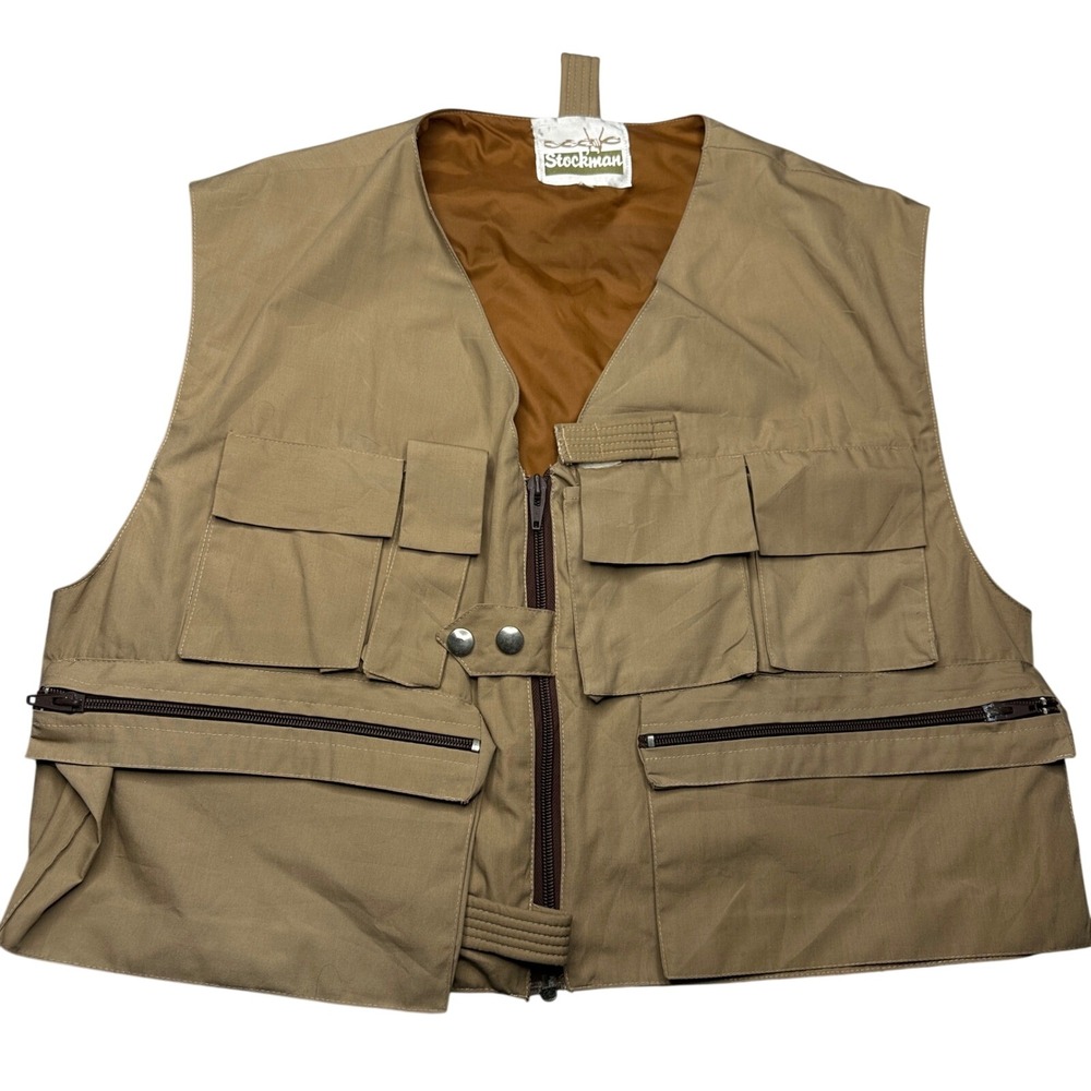 Vintage 70s Khaki Utility Fishing Vest Mens Medium Multi Pocket Gilet Stockman